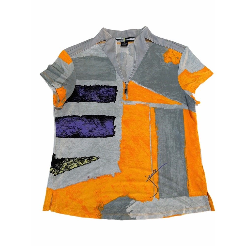 Jamie Sadock Golf Top Womens Medium Orange Grey Abstract Quarter Zip Mock Neck
